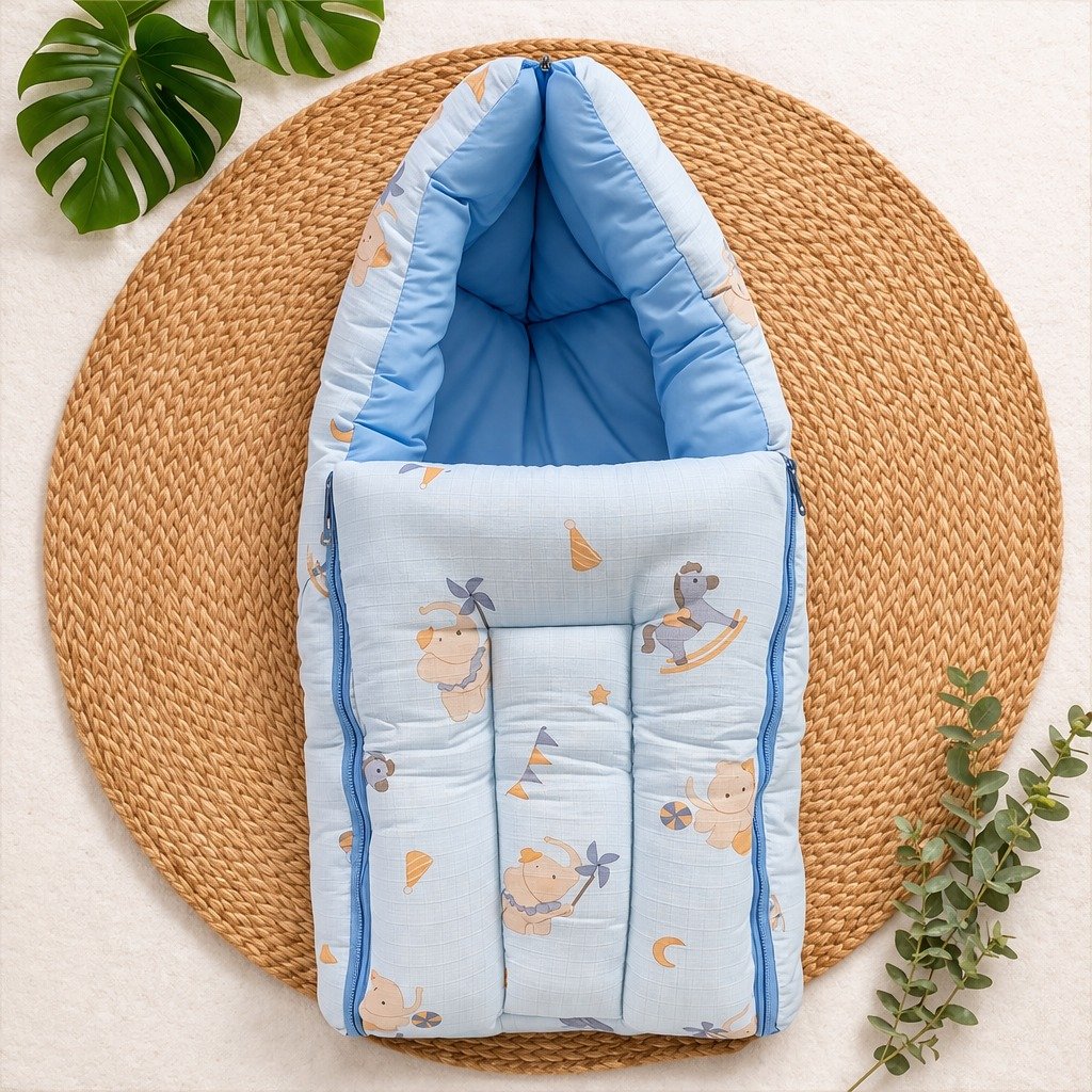 Pure Muslin Cotton Newborn Carry Bed – Soft Baby Carry Nest - Blue AnimalsCODE:NBE